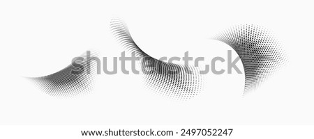 Set of dotted curved abstract shapes. Dotted pattern in halftone theme. Curved and twisted abstract gradients. Vector design element in black and white color.