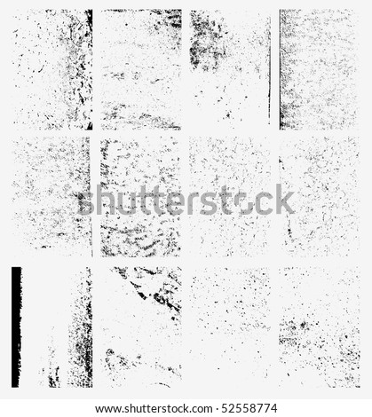 Collection of urban grungy textures. Dirty and distressed paint on old wall. Crackle line and scratch on concrete and stone surface. Abstract vector background in black and white color. 