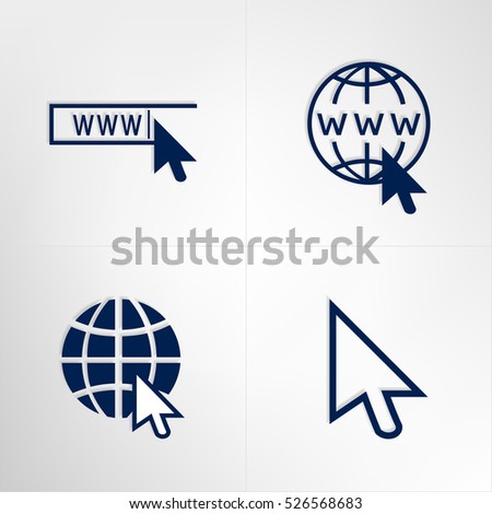 Web site icons set. Website start page. WWW. Internet browser bar, globe, computer mouse arrow. Flat design, creative solution. Vector isolated.