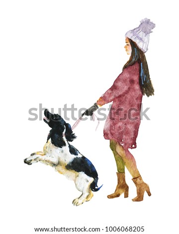 Watercolor beautiful lady with dog. Hand drawn walking woman in warm clothes and border collie. Painting fashion illustration
