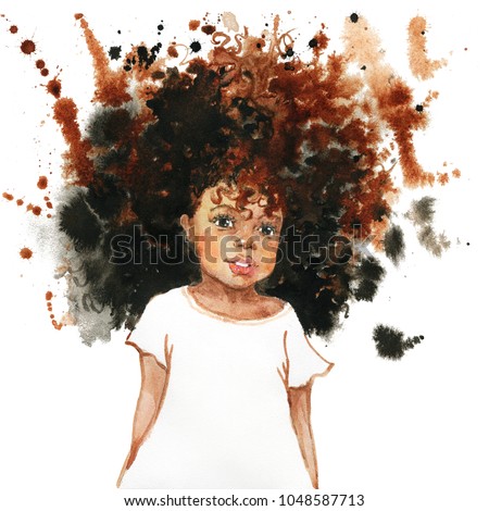 Watercolor portrait of african girl. Hand drawn fashion illustration. Painting baby on white background with splashes