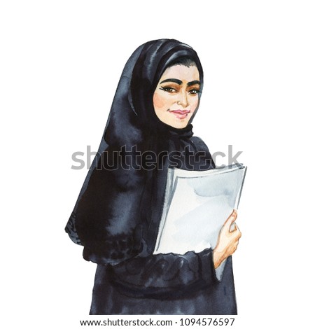 Watercolor portrait of arabian woman. Painting smiling young lady. Hand drawn illustration on white background