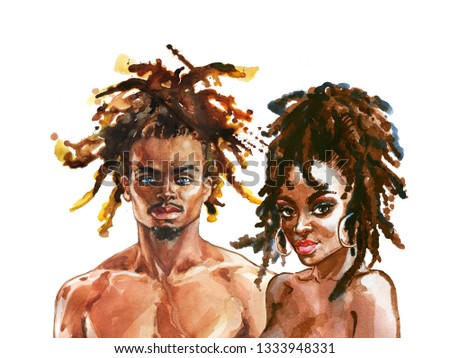 Hand drawn african woman and man. Painting fashion illustration. Watercolor portrait of beautiful couple on white background