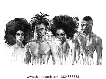 Painting african women and men. Hand drawn beautiful people on white background. Watercolor fashion illustration
