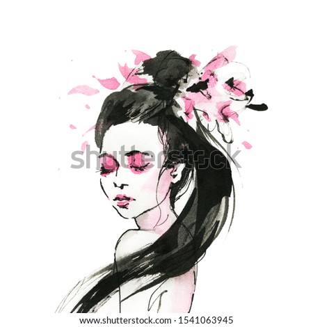 Watercolor asian woman with flowers. Painting fashion illustration. Hand drawn portrait of pretty lady, Geisha character on white background