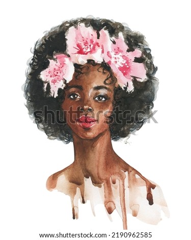 Watercolor fashion female portrait. Hand drawn young african woman with curly hair and pink flowers. Painting isolated illustration on white background.