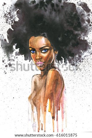 Hand drawn beauty african woman. Watercolor abstract portrait of sexy girl. Painting fashion illustration on white background