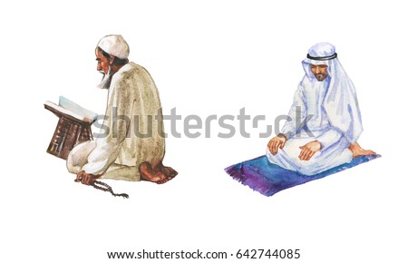 Hand drawn arabian man and mullah praying namaz. Watercolor ramadan kareem and eid al fitr mubarak illustration. Painting isolated prayer, koran on white background
