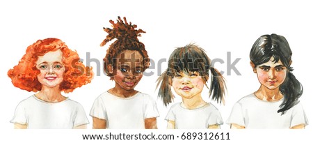 Watercolor african, european, indian and asian little girls. Hand drawn children portrait. Painting illustration of tolerance, equality, friendship and love. Happy International Day of Peace