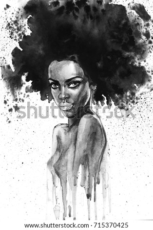 Painting fashion african woman portrait with splashes. Watercolor monochrome beauty illustration. Hand drawn young girl