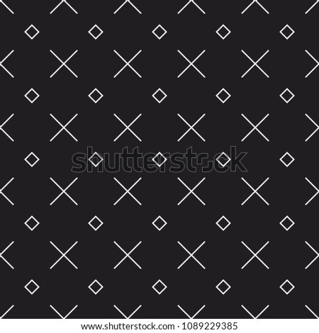 Memphis style seamless vector pattern with X shape and squares. Decorative texture with geometric shapes. Repeated minimal backdrop. Monochrome design elements.