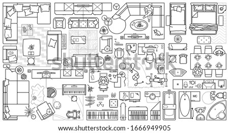 Floor plan icons set for design interior and architectural project (view from above). Furniture thin line icon in top view for layout. Blueprint apartment. Vector