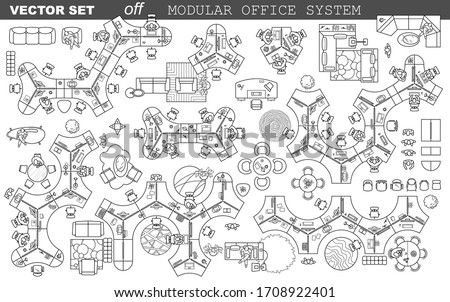 Set of modular office desks, interior layout of the cabinet. Floor plan, top view, collection of sofas, working tables, chairs, office furniture thin line icons for planning design project. Vector