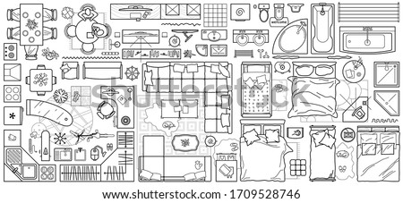 Floor plan icon set in top view for interior design. 
Architecture plan with furniture View from above. The layout of the apartment, kitchen, living room and bedroom. Vector 