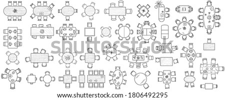 Set of kitchen and office tables for the interior layout of a restaurant, kitchen, apartment or office space. Top view of furniture icons for floor plans. Vector
