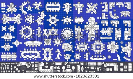 Set of modular office desks, interior layout of the cabinet. Floor plan, top view, collection of working tables, chairs, office furniture thin line icons for planning design project. Vector