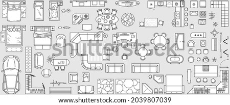 Set top view for interior icon design. Floor plan.
Architecture plan with furniture in top view. The layout of the apartment, technical drawing  kitchen, living room and bedroom. Vector Illustration.