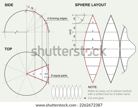 Unfolding 3D ball figure. Descriptive geometry, plan scheme for sphere layout. Technical drawing on orthogonal projections. Unwrapping globe shape. Engineering graphics educational poster. Vector