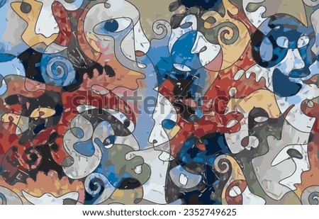 Abstract painting. Pattern made of one line. Portrait of a strange persons. Cubism and picasso style. Colorful contrasting confusing background. Mural mosaic of silhouettes of faces. Vector 