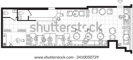 Cafe plan in top view. Floor plan of small restaurant. Arrangement of furniture in the catering interior. Bar design project. Vector 