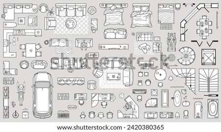 Floor plan icons set for design interior and architectural project (view from above). Furniture thin line icon in top view for layout. Blueprint apartment. Vector