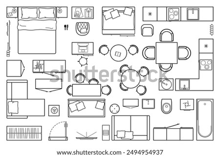 Set top view for interior icon design. Floor plan.
Architecture plan with furniture in top view. The layout of the apartment, technical drawing  kitchen, living room and bedroom. Vector 