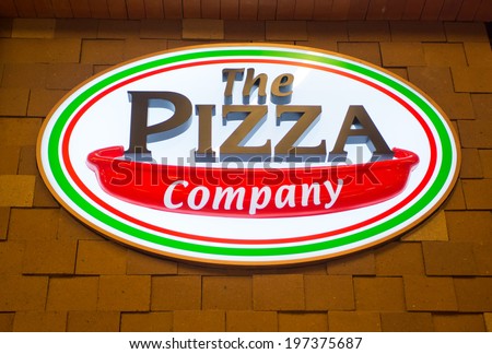 SURATTHANI, THAILAND - JUNE 7: The Pizza Company Restaurant Sign on June 7, 2014 in Suratthani, Thailand. It is a restaurant chain and international franchise based in Bangkok, Thailand.