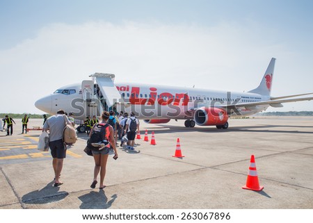 SURATTHANI, THAILAND - MARCH 12 : Thai Lion Air Plane landed at Suratthani  Airport on March 12, 2015 in Suratthani, Thailand. It is the low cost airline in Thailand. And was founded in 2013.