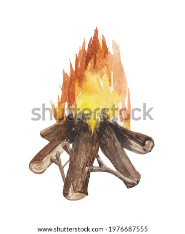 Watercolor element on a white background, campfire. For decoration of design compositions on the theme of hiking, conquering peaks, tourism, wildlife.
