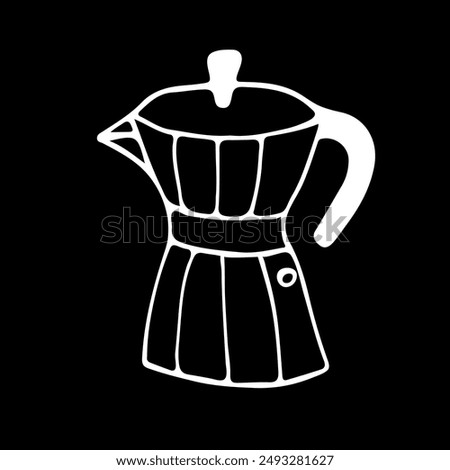 A hand-drawn Italian espresso machine, a moka pot icon, a coffee pot doodle in black and white, a funky coffee clipart chalkboard drawing style