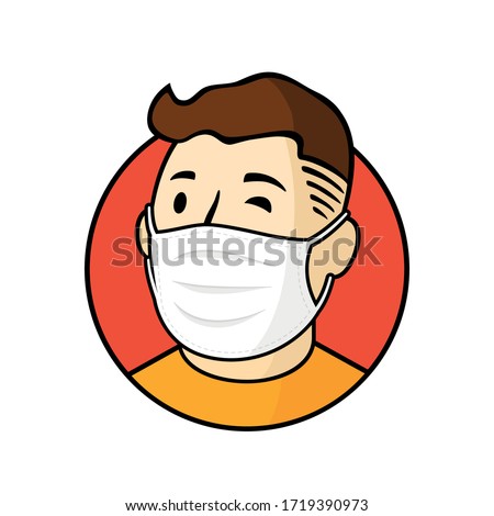 Man character face avatar in white medical mask. Stop the spread of viruses. Fallout boy profile. Male portrait. Human picture. Modern colorful style. Vector cartoon illustration. EPS 10.