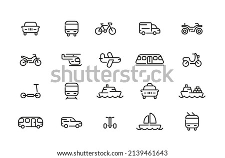 Set of transport line icons. Car, quad bike, motorcycle, scooter, seg way, bus, train, yacht, ship, container ship, scooter, plane, helicopter, taxi, tram, bike, trolleybus, motorbike. Flat  icon.