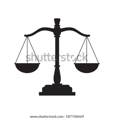 Black justice scales icon. Law balance symbol. Libra in flat design. Vector illustration.
