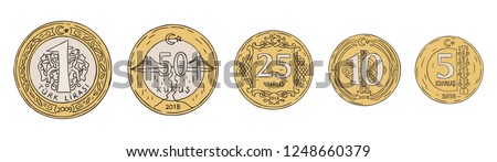 turkish liras, turkish coin hand drawn set vector