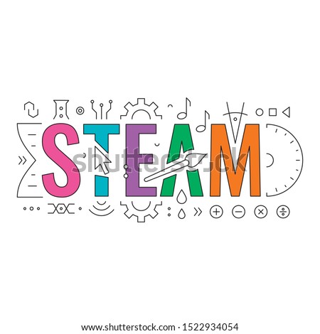 technical drawing steam concept. steam word and steam symbols. science, technology, engineering, art, mathematic. steam word