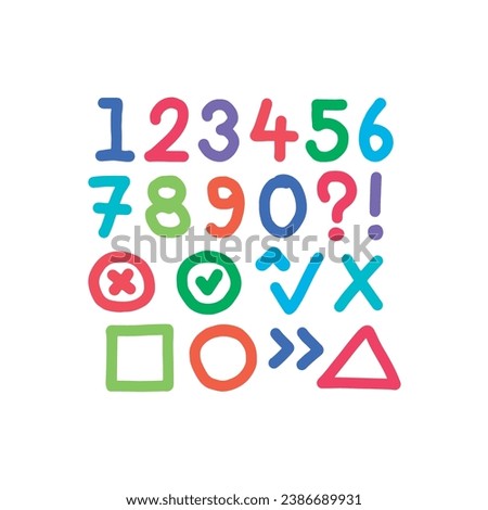 hand drawn 0-9 math numbers. 0-9 numbers and symbols. doodle symbols for education