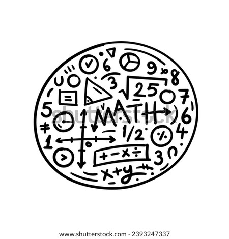 hand drawn math word and math symbols. math symbols in scribble circle. math symbols for education