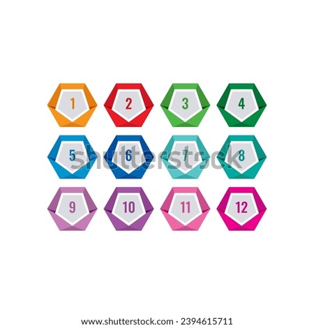 colored hexagons and numbers 1-12. numbers 1-12 in hexagons. numbers 1-12 for education, business