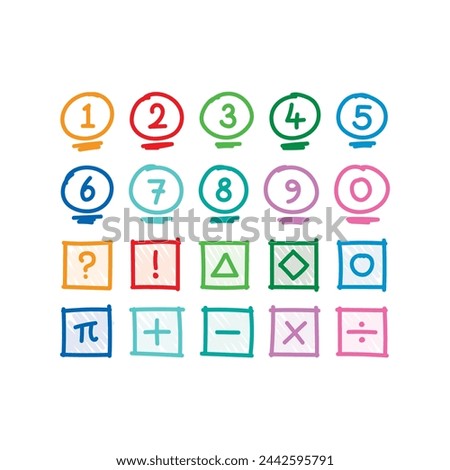 hand drawn 0-9 numbers and math symbols. scribble 0-9 numbers. 0-9 numbers concept for education, business