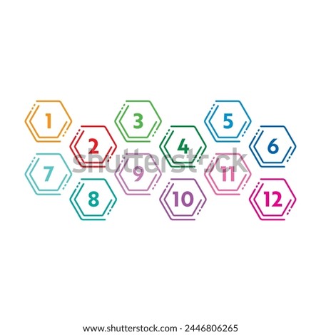 Step numbers 1-12 in colored hexagons. numbers 1-12 concept for business, education, technology, science world