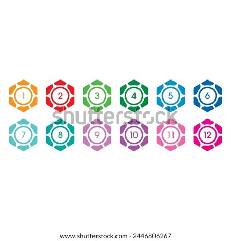 colored hexagons step numbers 1-12. numbers 1-12 concept for business, education, technology, science world