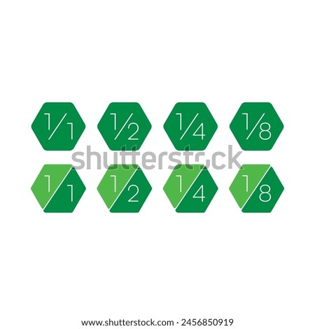 Fractional numbers in green hexagons. whole, half, quarter fractional numbers. fractional numbers concept