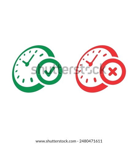 green clock and green check symbol. red clock and cancel symbol. clock cancellation and confirmation concept