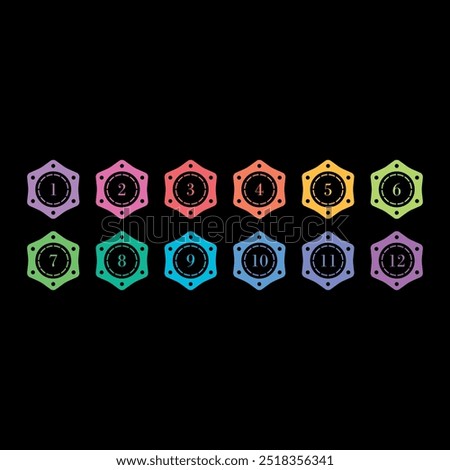 Numbers 1-12 in colorful hexagons on black background. 1-12 numbers concept for education, business