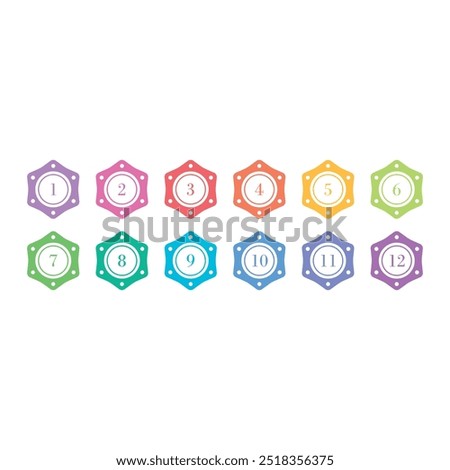 Numbers 1-12 in colored hexagons. 1-12 numbers concept for education, business