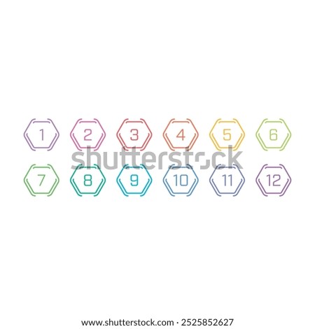 Numbers 1-12 in colored hexagons. 1-12 hours concept for business, education w