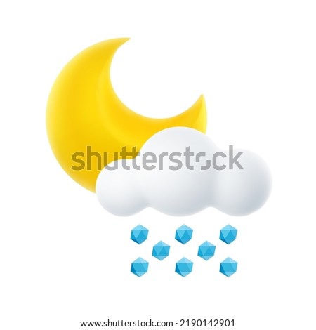 3D Cartoon Weather Icon of Night Hail. Sign of Cloud, Crescent Moon and Hail Isolated on White Background. Vector Illustration of 3d Render.