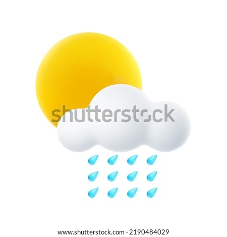 3D Cartoon Weather Icon of Cloudy with Downpour. Sign of Sun, Cloud and Raindrops Isolated on White Background. Vector Illustration of 3d Render.