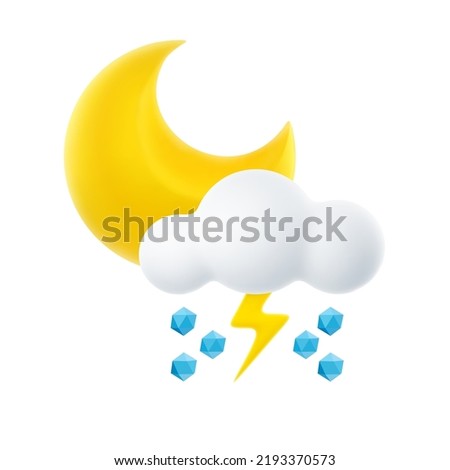 3D Cartoon Weather Icon of Night Hail and Thunderstorm. Sign of Cloud, Crescent Moon, Hailstones and Lightning Isolated on White Background. Vector Illustration of 3d Render