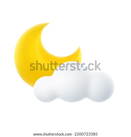3D Cartoon Weather Icon of Night Partly Cloudy. Sign of Crescent Moon and Cloud Isolated on White Background. Vector Illustration of 3d Render.